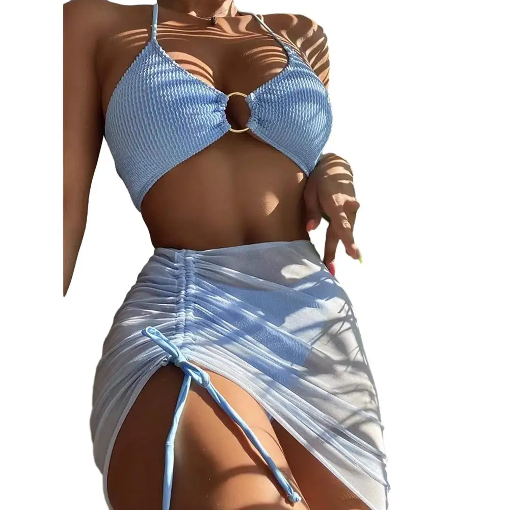 Bathing Suit Bikini Set Daily Leisure Elastic Halterneck Lace-up Metal Ring Solid Color Three-Piece Fashionable