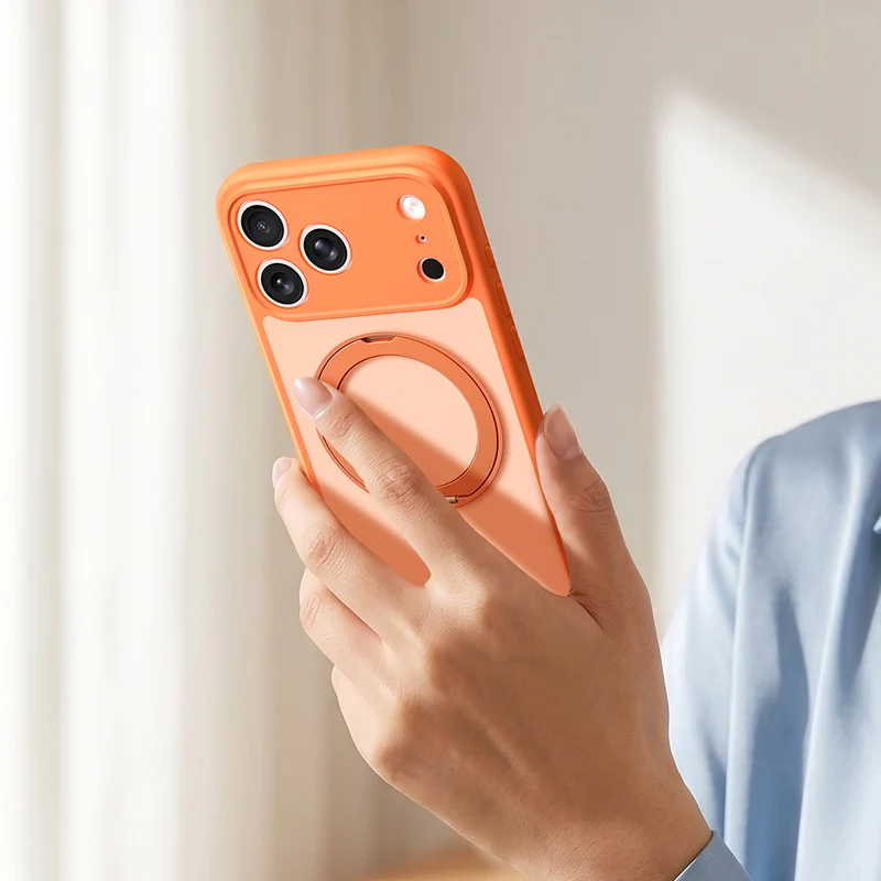 360° Rotating Magnetic Stand Case with Stress Relief Ring and Full Lens Cover