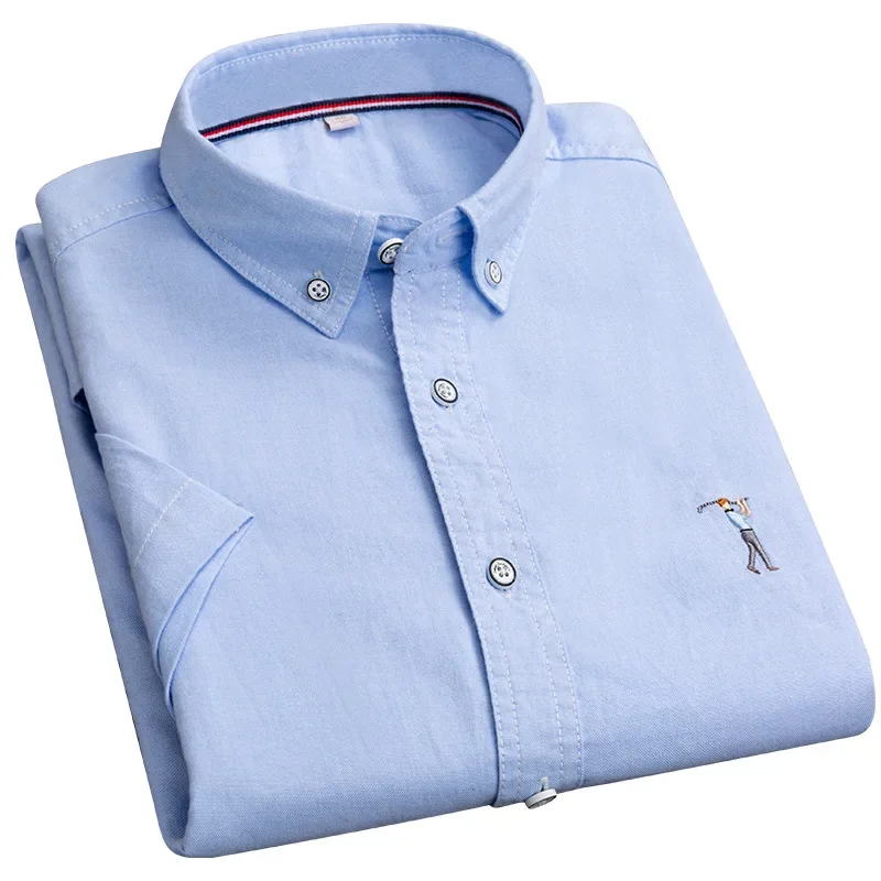 Casual Short Sleeved Shirt Summer Men Short Sleeve Dress Shirts Embroidery Solid Color Turn Down Collar