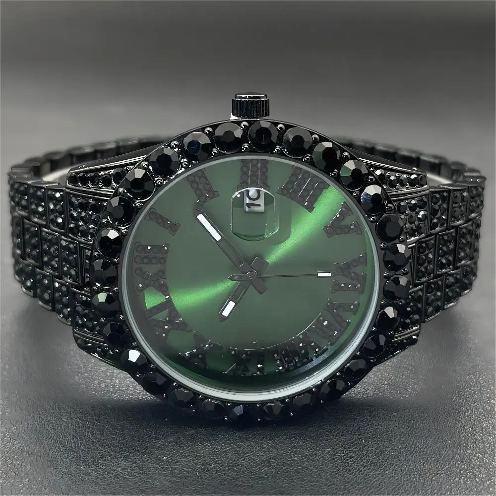 2024 MISSFOX Green Watch For Men Fashion Iced Out Quartz