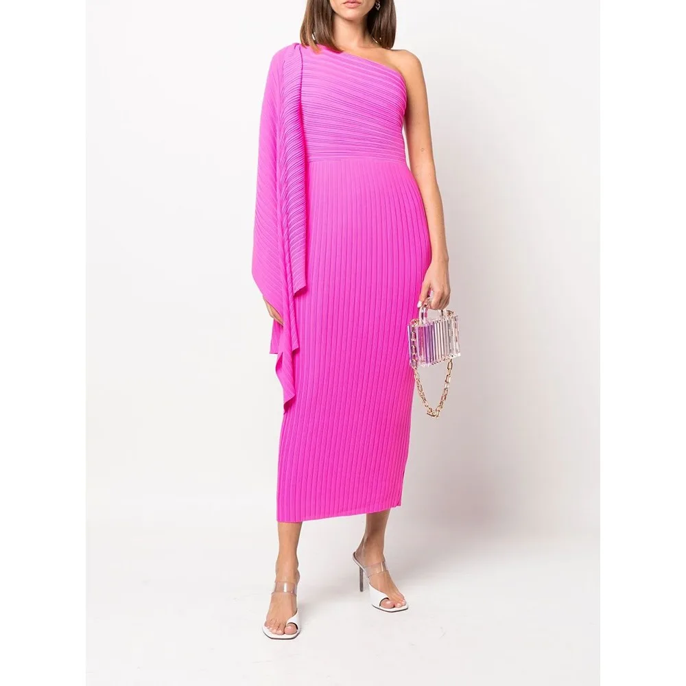 

Miyake Pleated Women's Dress Fashion Temperament Elegant One Shoulder Asymmetric Fly Sleeve Evening Formal Banquet Gowns 2023
