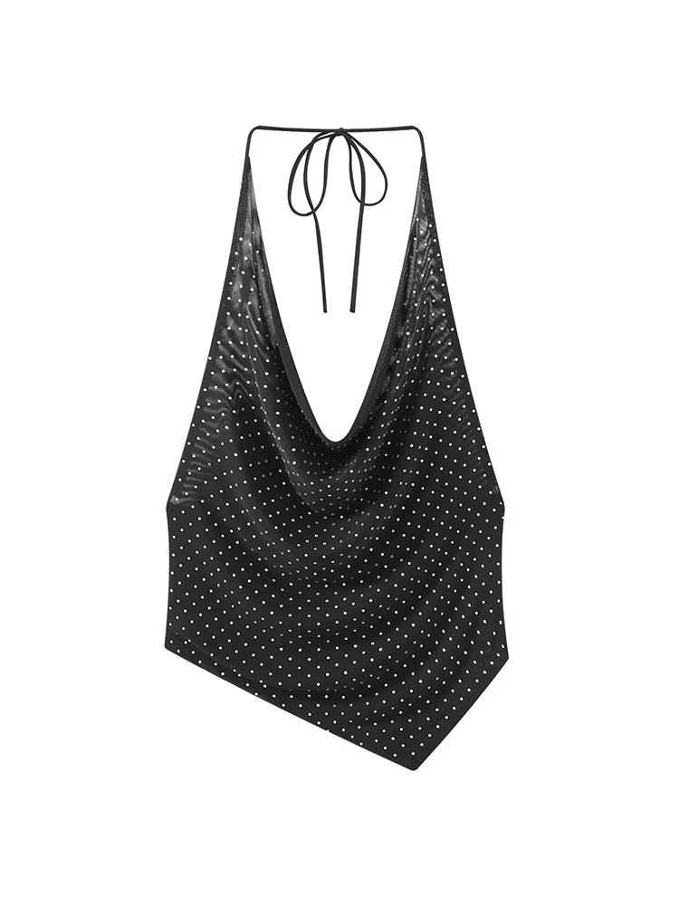  Women Open Back Halter Tops Deep V Neck Sleeveless Backless Tie Back Rhinestone Decoration Tops Sexy Sequin Glitter Streetwear