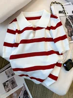 Pull à col à motif rayé, polyvalent, manches courtes, haut tricoté pour printemps et été, vêtements pour femmes, nouvelle collection 2026 3