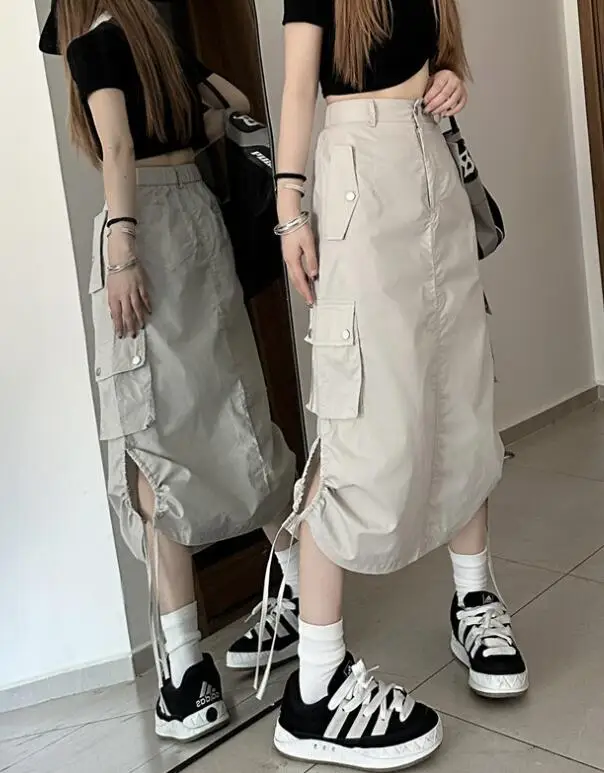 Women Fashion Slit Hip Hop Midi Skirts  Drawstring Pockets A-line Skirt American Streetwear Cargo Skirts