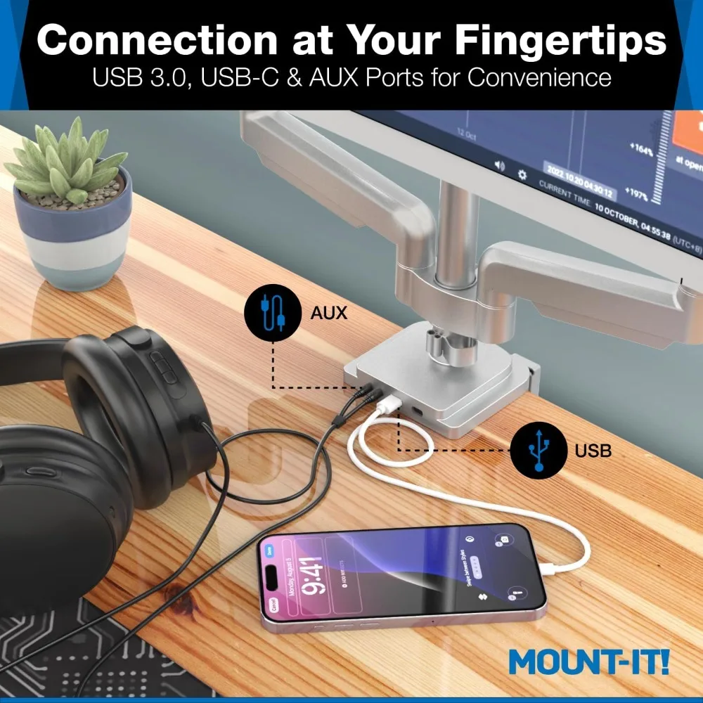 triple display desk mount with usb and audio connectivity for height-adjustable monitor setup