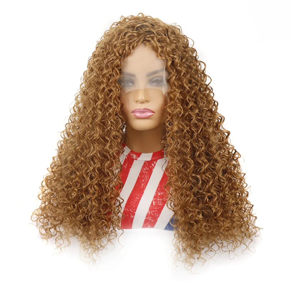 

Long Curly Blonde Front Lace Wig Synthetic Afro Kinky Curly Wig With Bangs For Black Women Natural Ombre Blonde Cosplay Wig