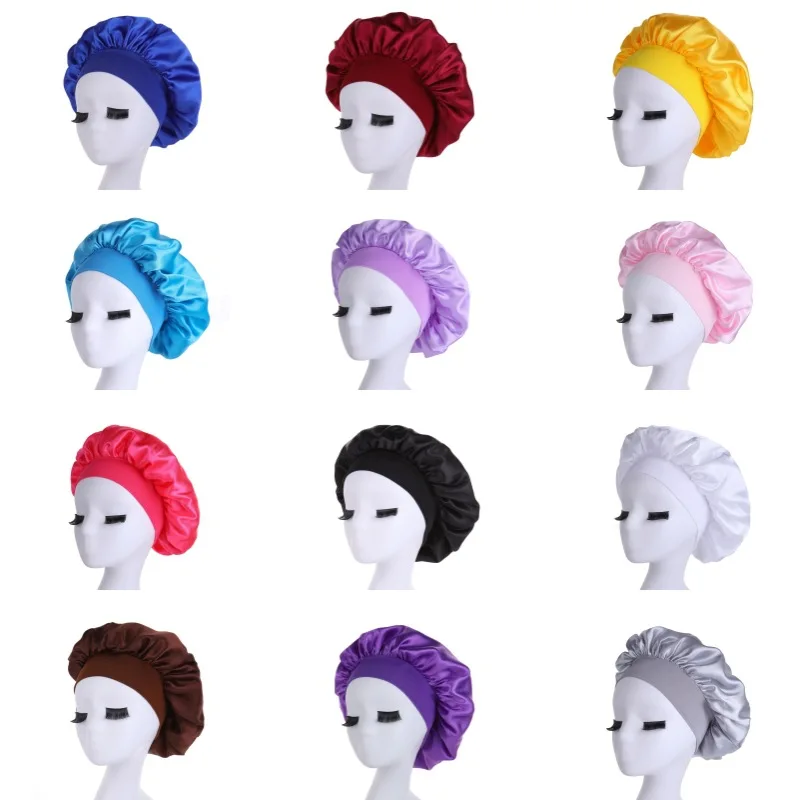 Women Night Sleep Hair Caps Silky Bonnet Satin Double Layer Adjust Head Cover Hat Shower Cap for Curly Hair Styling Accessories 2