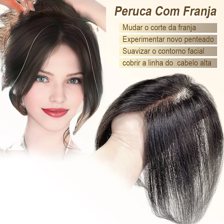 Topper per capelli umani veri al 100% con frangia, base in seta, 3 clip, capelli lisci castani per donna, extension per capelli