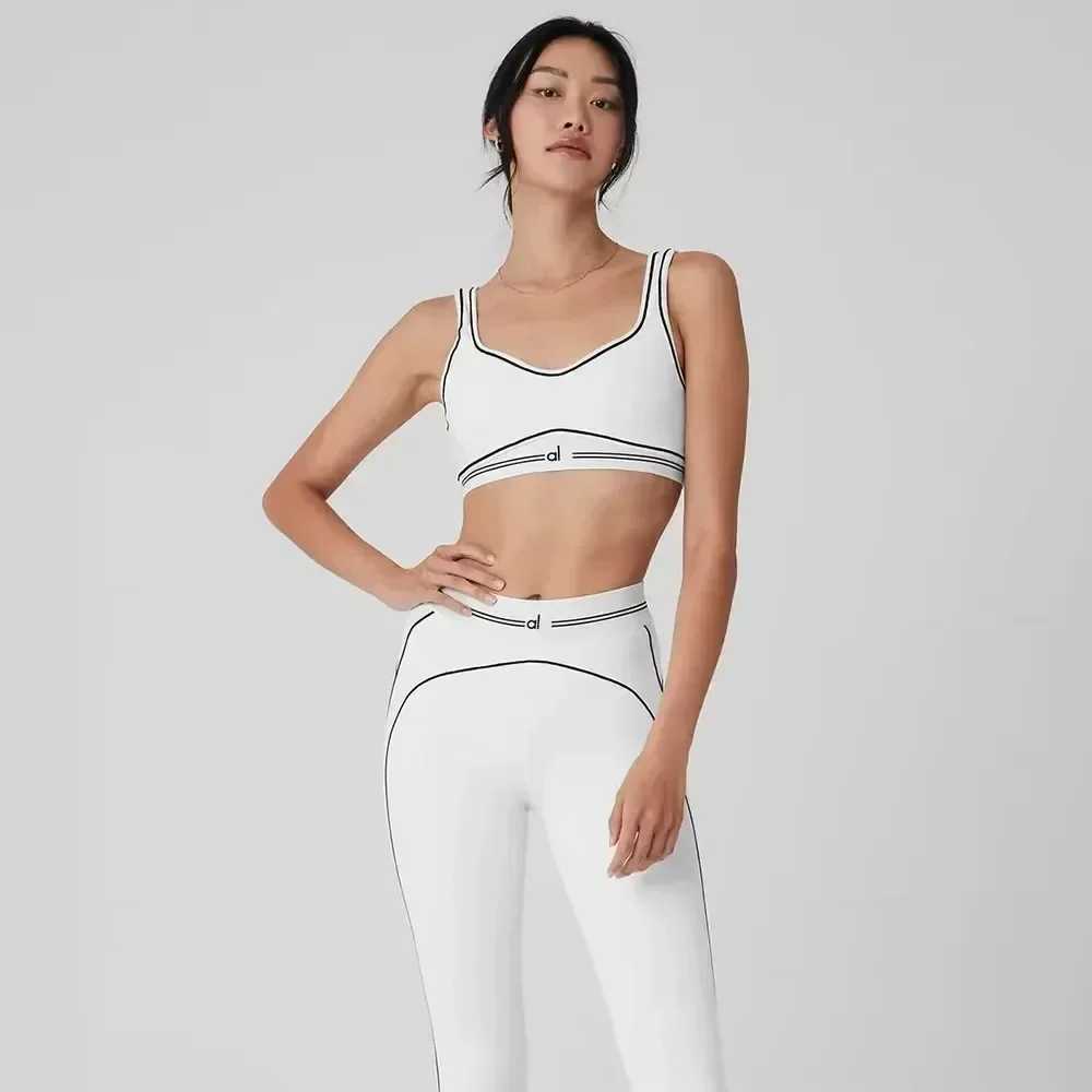 Yoga Set Leggings Women Yoga Tops Sports Bra High Waisted Seamless Leggings with Padded Stretchy Sports Bra Gym Suit Stripe