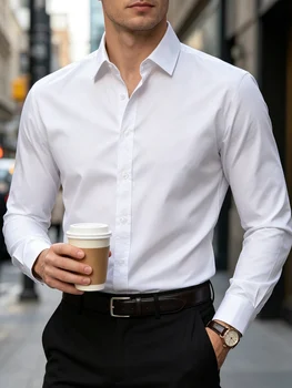 New Men Shirt Elegant Fashion European Long Sleeve Classic Smart Casual Elastic Anti-pilling Male Business Dress Shirts 2