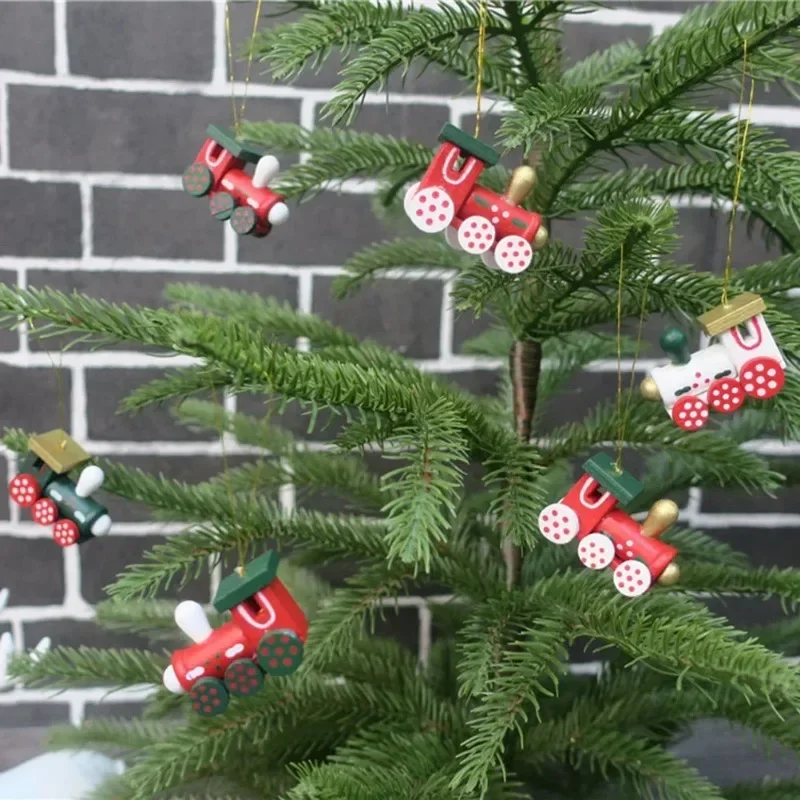 Electric Train Set Christmas Train and Image Ornaments Tree Set Hanging Wooden Miniature Decorations Pendant Wood Head Mini Ornament Decor Toys
