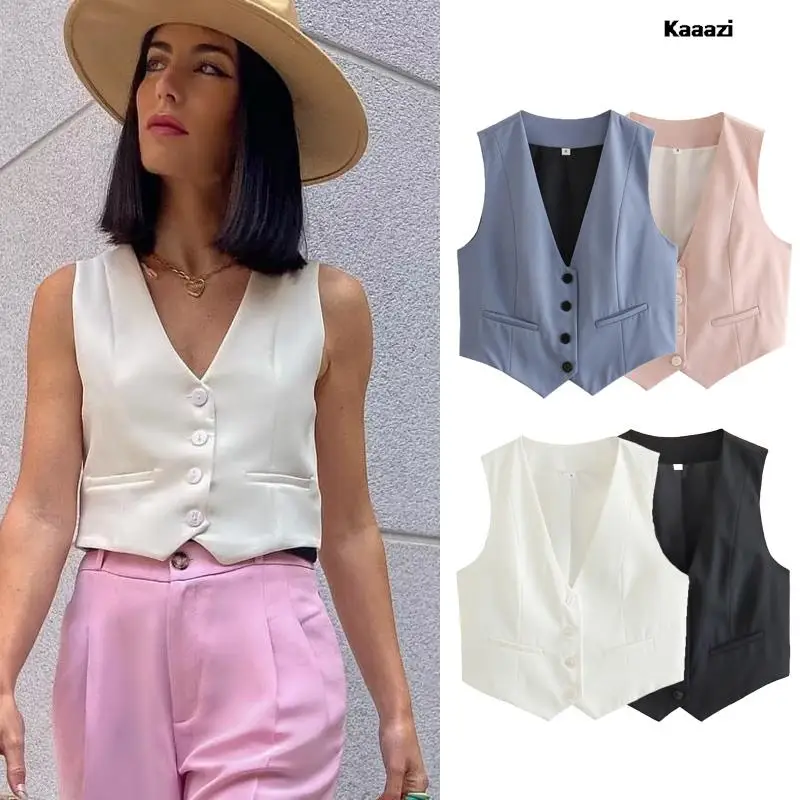 TRAF Halter Blended Vest Summer Vests For Women 2023 Sleeveless Button-Up  Front Fasten Laps Pockets Vest Casual Vacation Vest - AliExpress