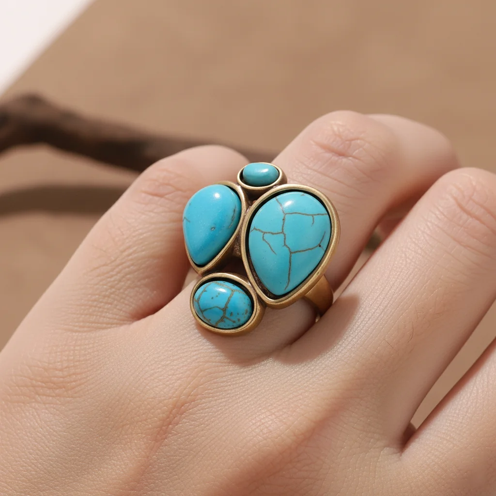 Vintage Bohemian Large Turquoise Stone Ring for Women Antique Bronze Color Adjustable Open Statement Rings Ethnic Boho Jewelry 1