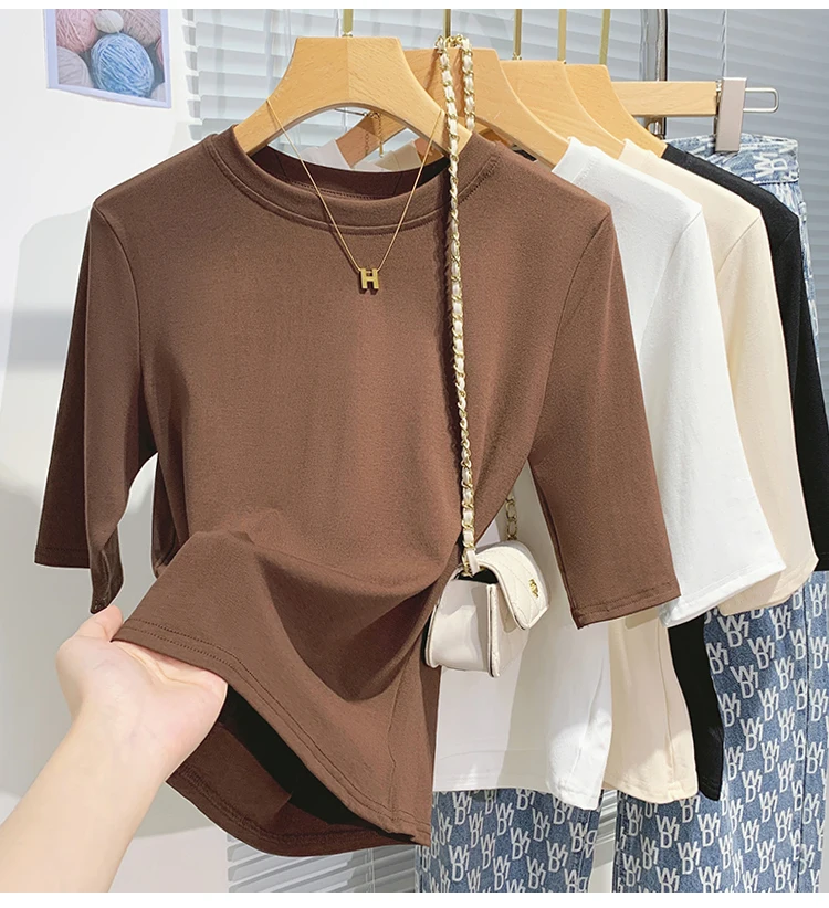Cotton Womens Crew Neck T-Shirt - Summer Short Sleeve Basic Top
