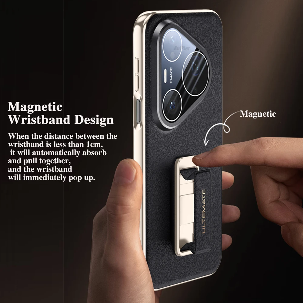 Luxury Plating Leather Back Case with Alloy Wristband and Camera Protection