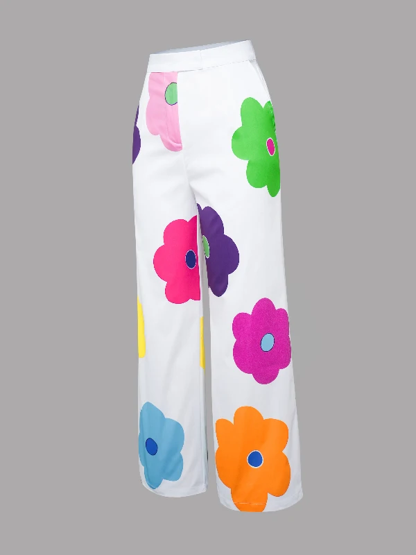 Gymystars 2024 INS Style Ladies Pants High Waisted Wide Leg Floral Printed Multi-Colored Casual Bottoms Trousers for Women