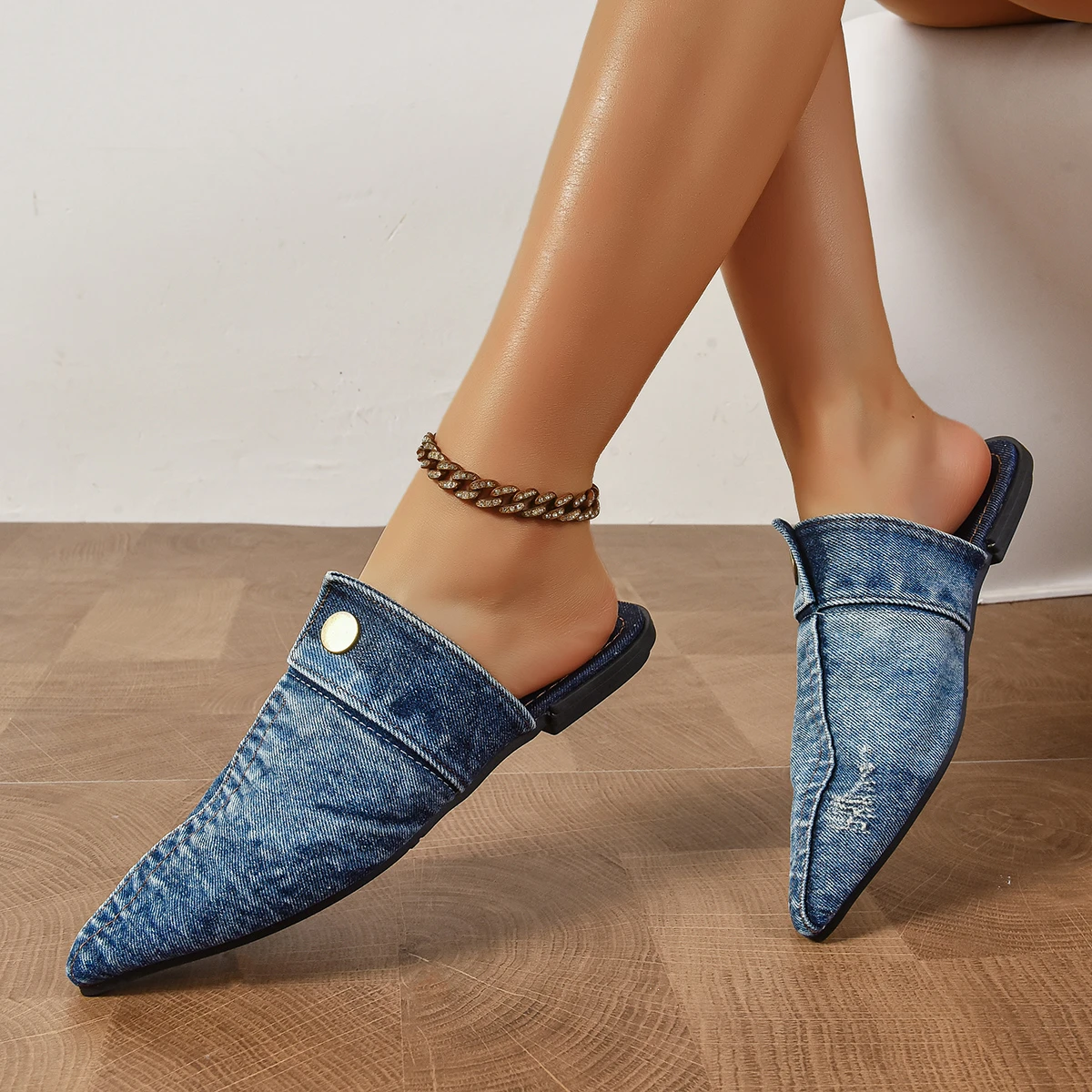 Flat Women Half Slippers Pointed Toe Denim Blue Summer Casual Slippers Women Fashion Lightweight Sandals Home Slides