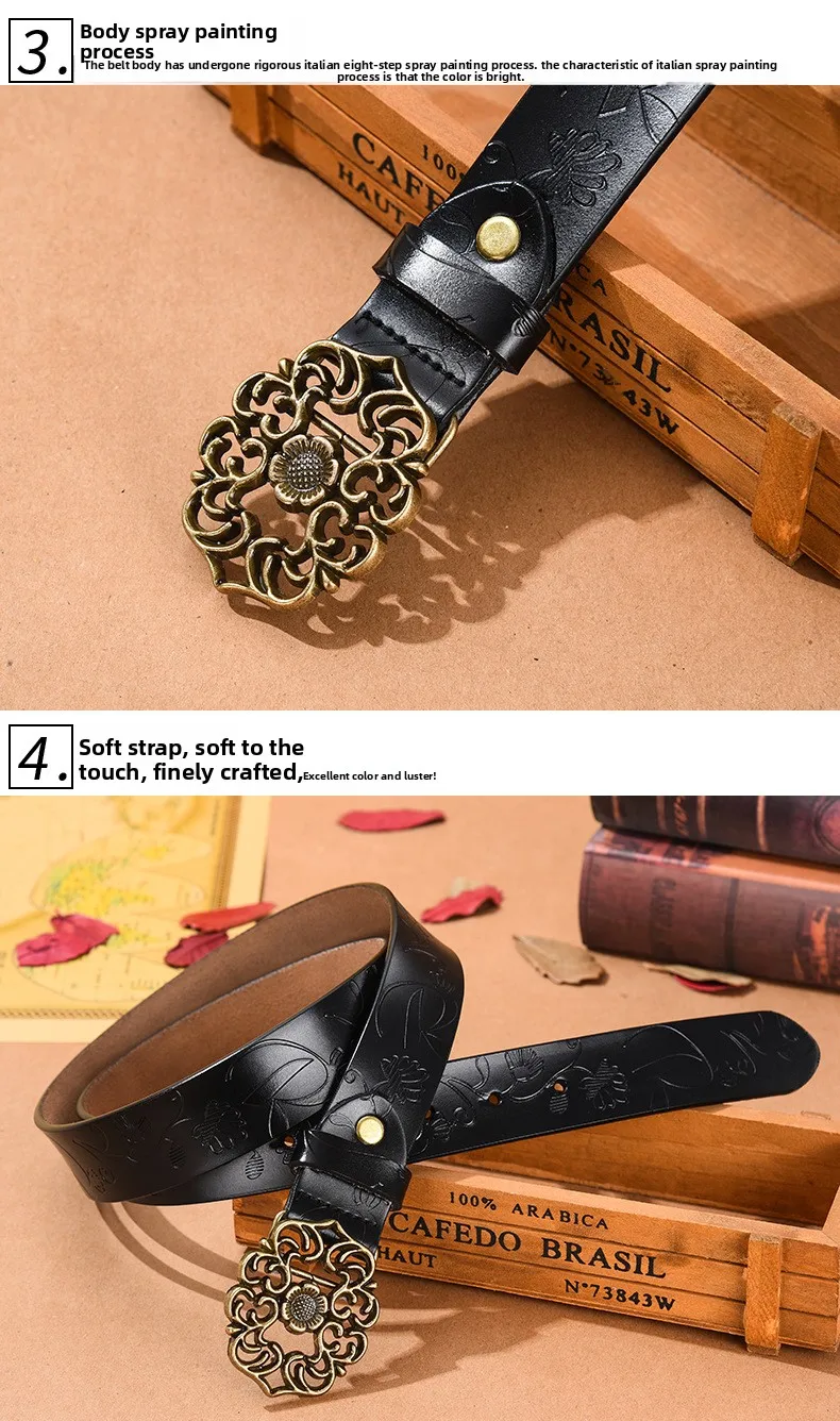 (Direktverkauf ab Werk) Vielseitiger Rindsledergürtel mit Vintage-Sonnenblume für Damen, Dekoration, modischer Jeansgürtel – Detail 8
