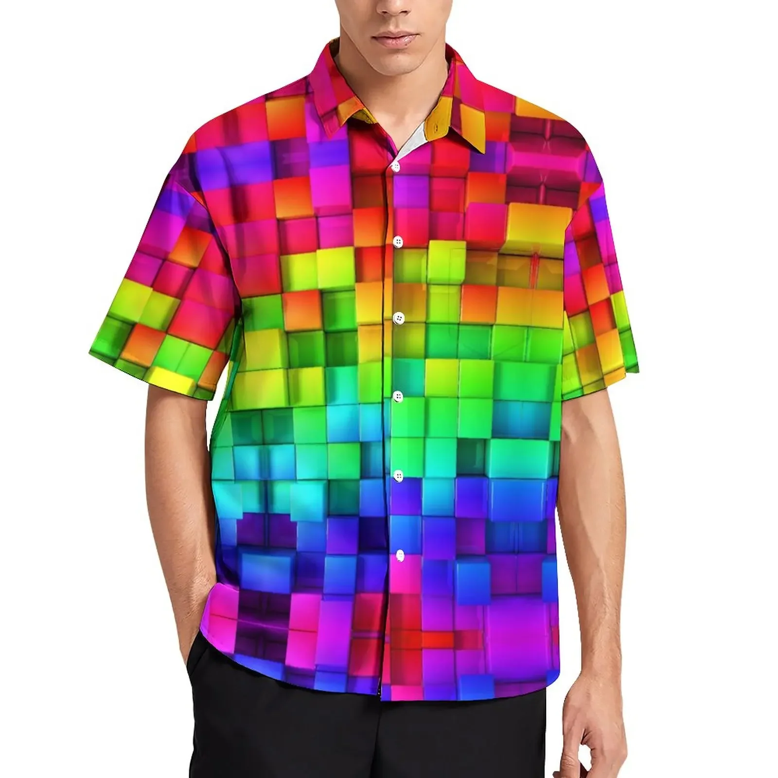 3d Tetris Print Shirt Men Women Fashion Shirts Single-Breasted Short Sleeve Hawaiian Shirts Blouse Men's Clothing