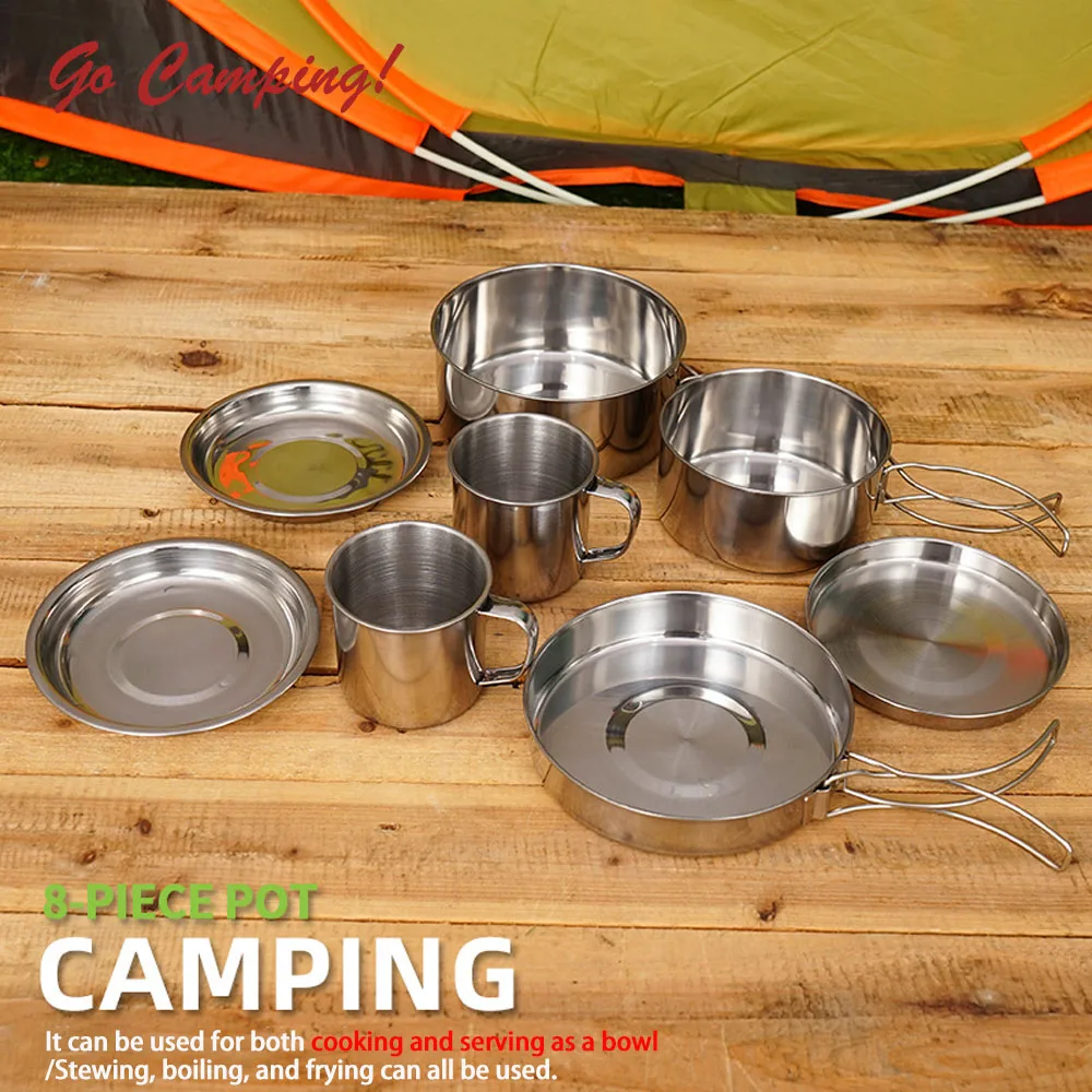 캠핑용 가스 버너 취사난로, 야외 강력 히터, 휴대용 초경량 쿠커, 하이킹용 접이식 난로 8 캠핑 조리기구 코펠 냄비, 피크닉 5-6 인용 등산 휴대용 접이식 그릇, 세트 자연 하이킹 자동차 군사 기어, 8 개 세트