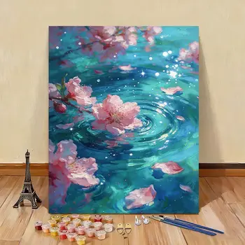 Kit di pittura a numeri su tela per adulti, paesaggio con fiori di ciliegio, disegno con pittura acrilica, immagine a olio per colorare con i numeri, arte.