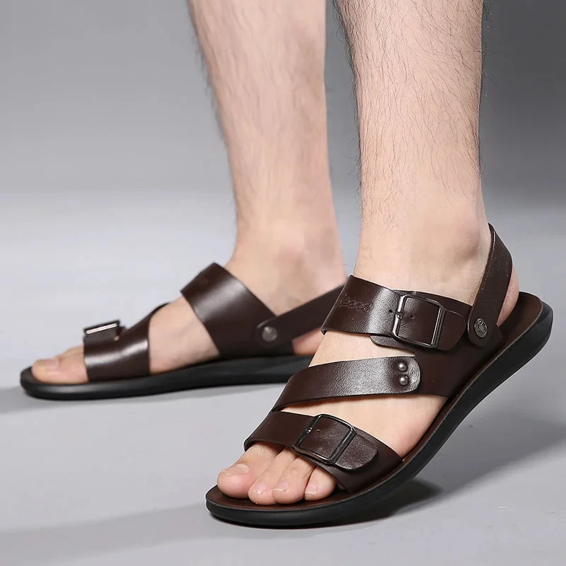 Fashion Sandals Male Solid Color PU Leather Men Shoes Summer Comfortable Open Toe Leather Mens Sandals Beach Leather Footwear - Image 5