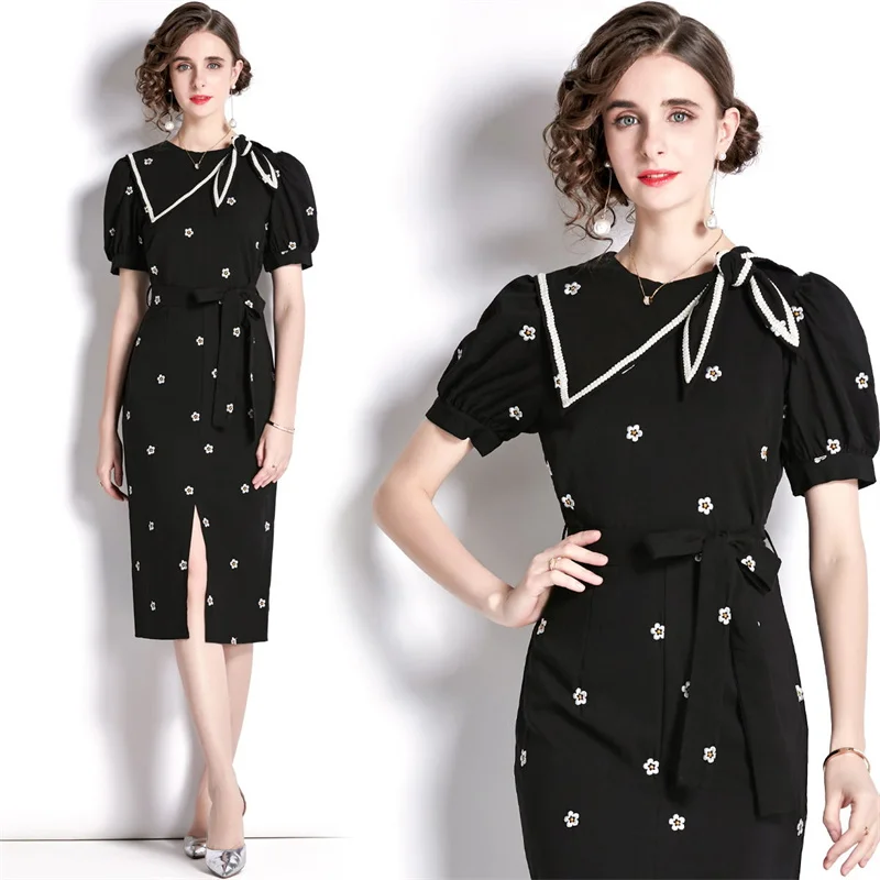 

Softerable French Hephburn Small Women Dresses In Black Color O-neck With Bow Bandange Corest Sweet Flower Printed Party Vestido