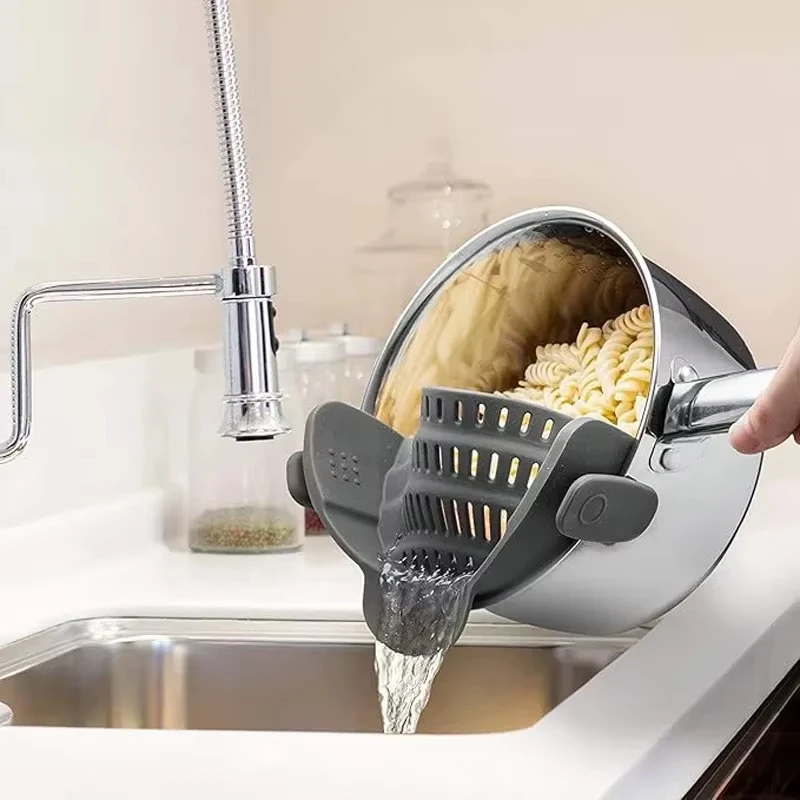Colador de silicona ajustable con clip para ollas, colador de cocina portátil para fideos y pasta, 1 unidad