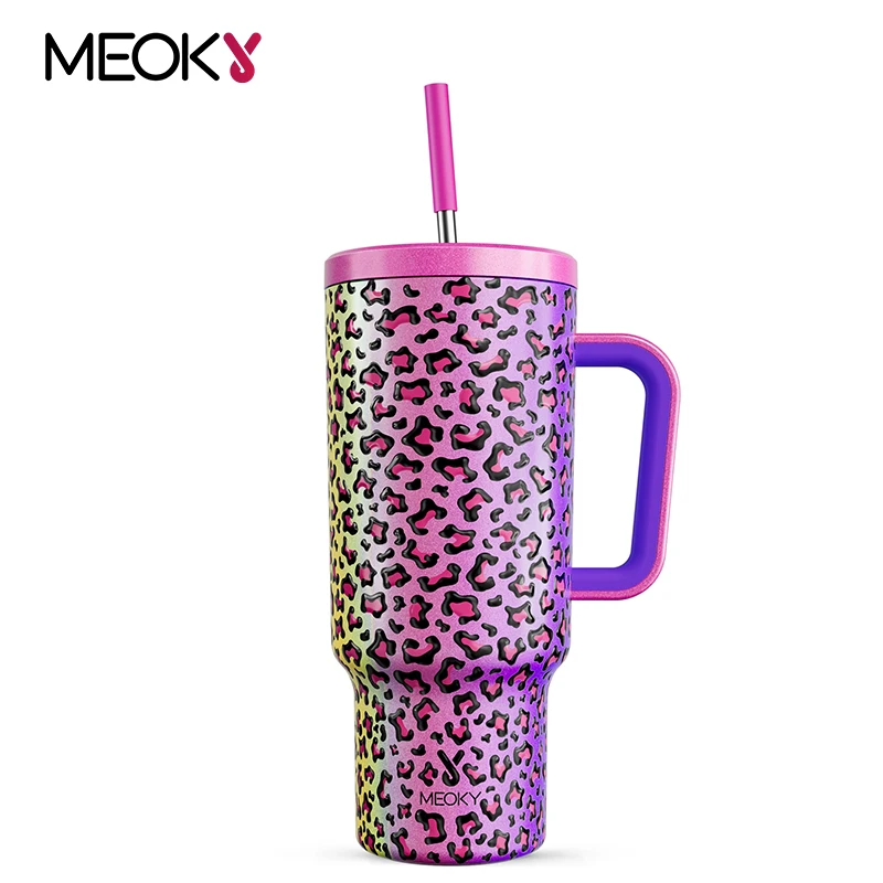 

Meoky 40oz Cup Tumbler with Handle Insulated Water Bottle Rainbow Leopard Print Stainless Steel Travel Mug Leak Proof Car Cup