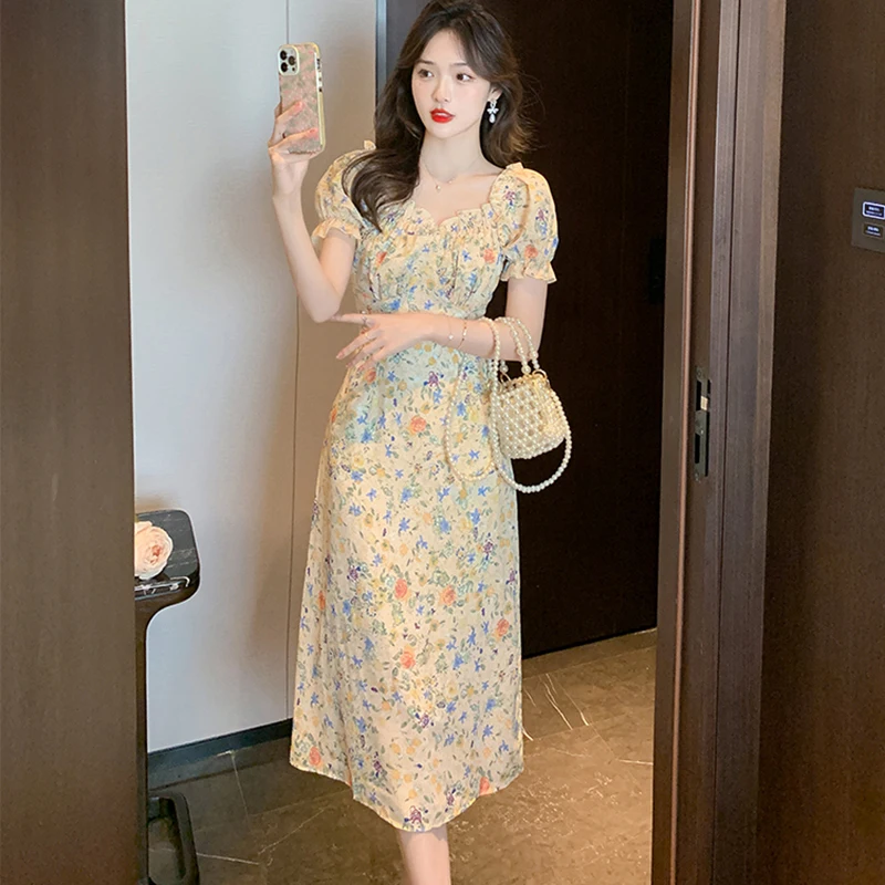 

Summer New Floral Chiffon Short Sleeve Ruffled Sexy Midi Dress 2023 Women Korean Elegant Bodycon Casual Boho Beach Long Sundress