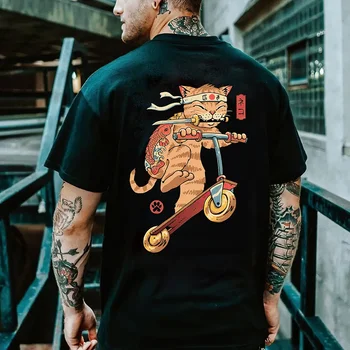 Cartoon Anime Samurai Cat Printed T Shirt For Men Outdoor Hip Hop Harajuku Vintage Clothes Casual O-neck Loose Short Sleeve Tees 2