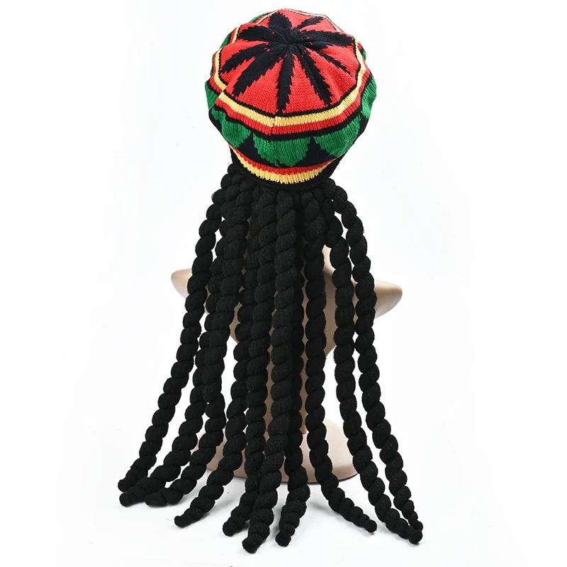 Jamaican Style Woven Knitted Wigs Beret Hat Black Dreadlocks Wig Rasta Wig Crocheted Knitted Beret Cap Reggae Wig Hat for Party 3