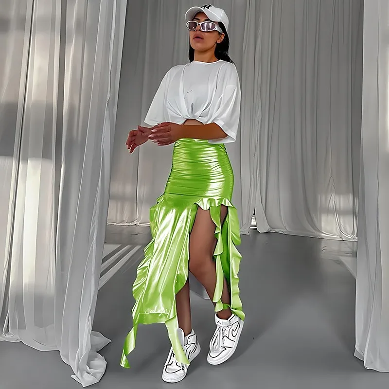 Y2k Tassel Metallic Silver Skirt Women Ribbon PU Green Shiny Irregular High Waist Bodycon Side Slit Party Maxi Skirts