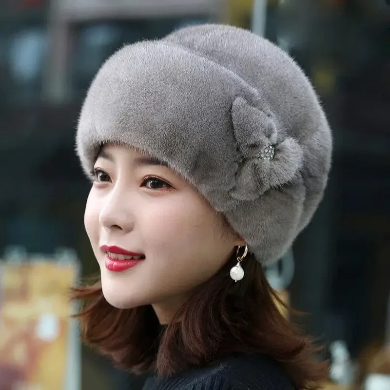 

Winter Women Hat Flower Decor Thickened Luxury Keep Warm Solid Color Autumn Winter Thermal Middle Aged Women Cap for Outdoor 모자