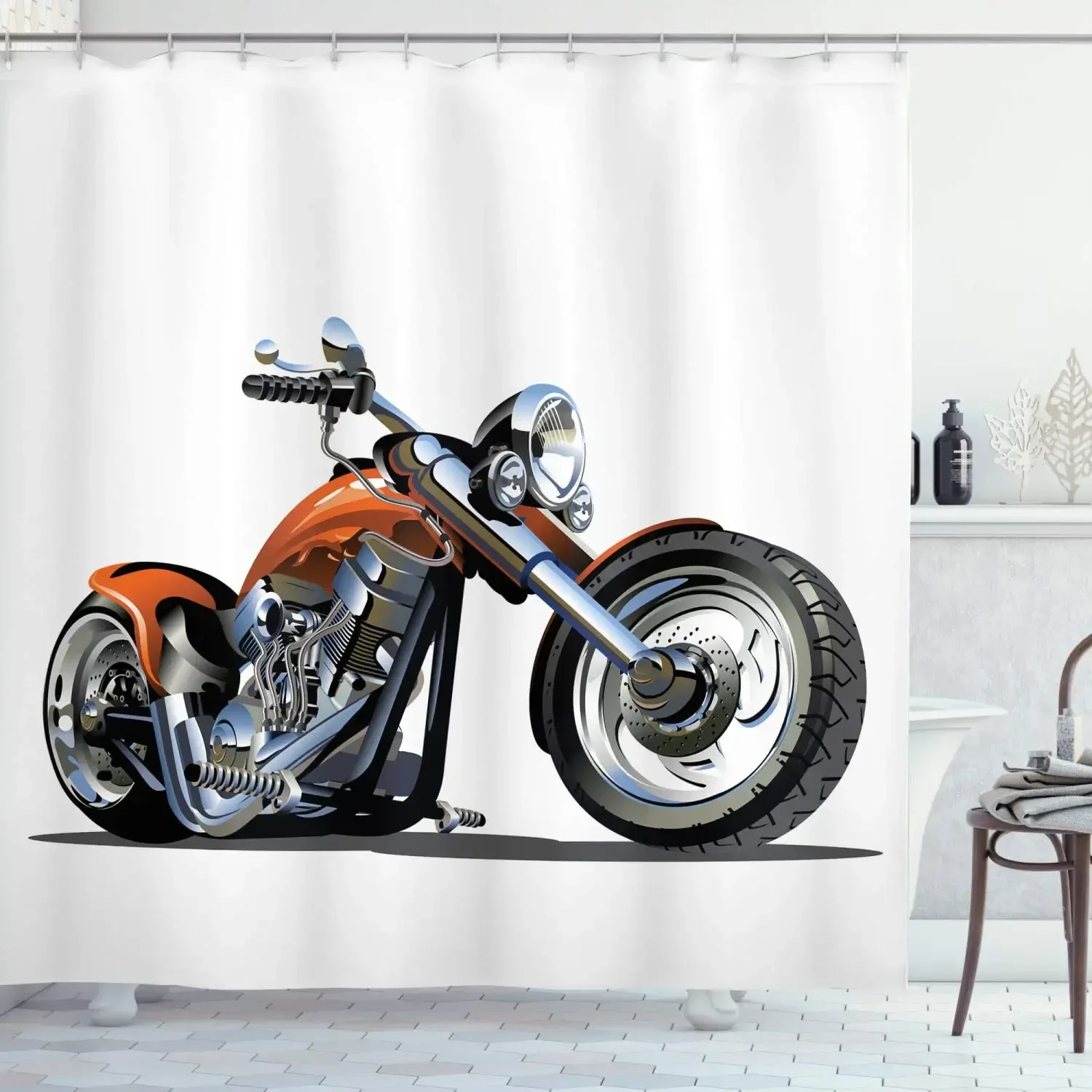 Motorcycle Shower Curtain Horsepower Adventurous Journey Freedom Ride Masculine Vehicle Bathroom Curtains Decor Set with Hooks 2