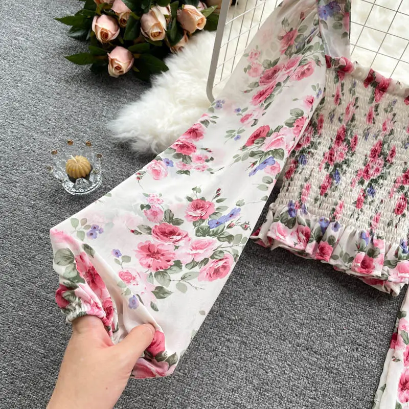 Pink Floral Printing Chiffon Square Collar Lantern Sleeve Women's Blouse Shirt Korean Fashion Female Clothing Tops 2024 Summer