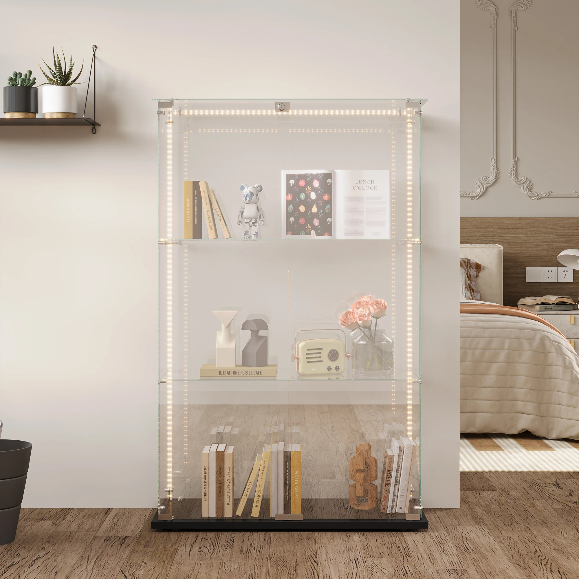 Lazyspace 3-stöckiges Dekoratives Regal mit LED-Beleuchtung, Glas-Vitrine für Bar, Wohnzimmer, Raumdekoration – Detail 8