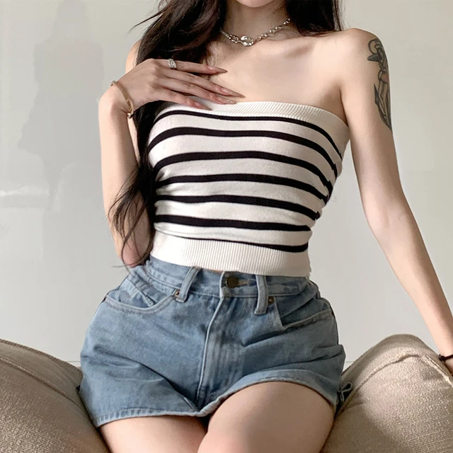 Summer Sexy Women Striped Tube Tops Slim Skinny Crop Top Strapless Knitted  Vest - AliExpress