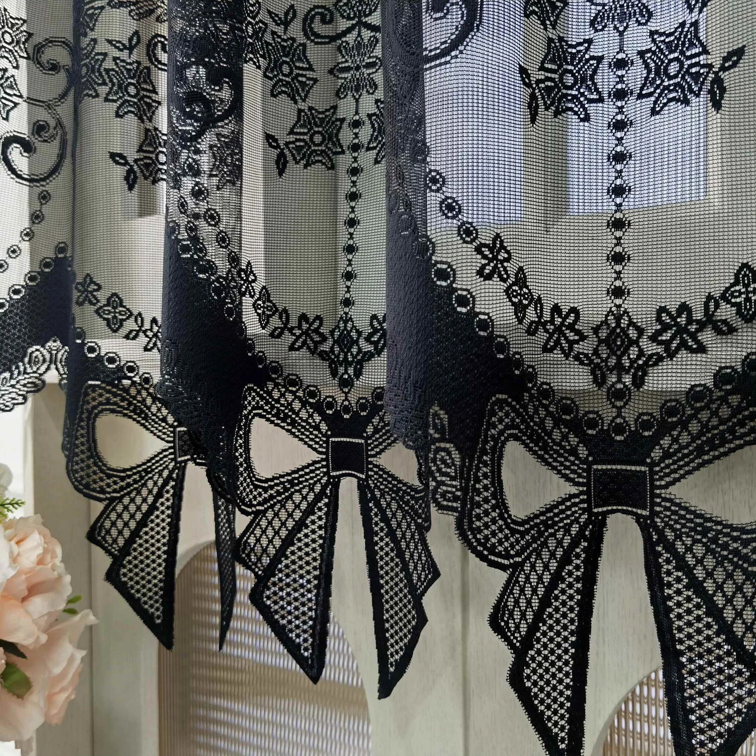 1PC Black Lace Bows Sheer Curtain for Bay Window Voile Drape Cabinet Kitchen Door Cafe Home Decoration #E