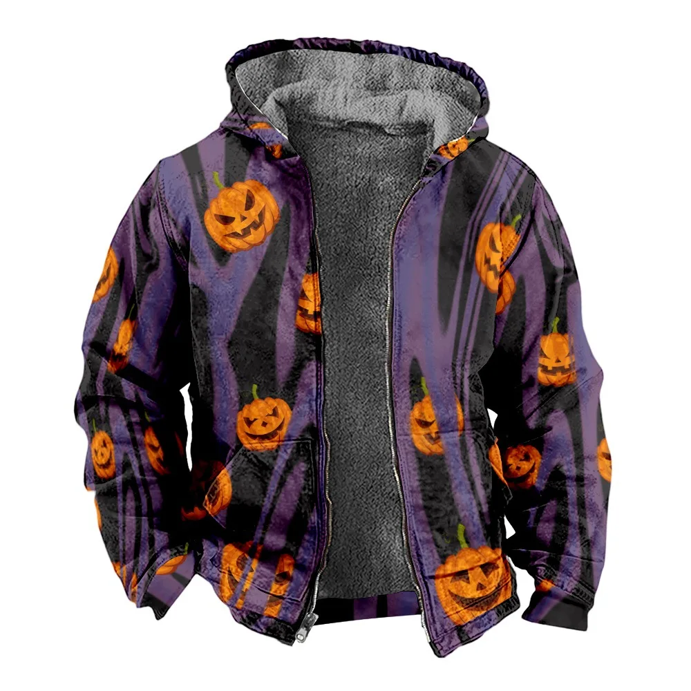New Halloween Cotton Coat with Hat Sweater Casual Print Long Sleeve Zipper Sweater Thick Cotton Coat Winter a04