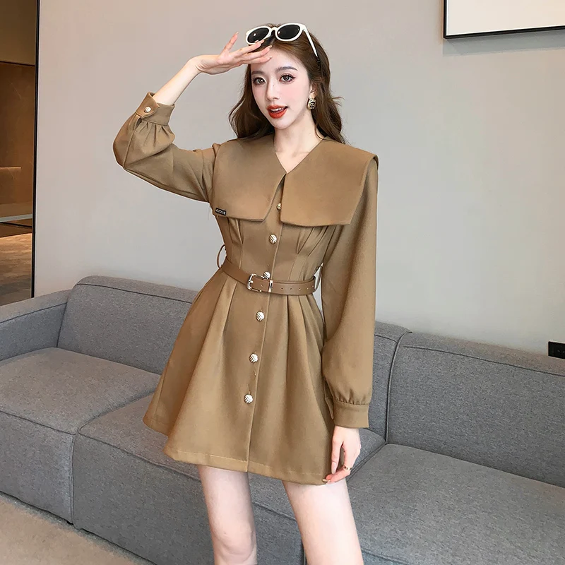 

Vintage Premium Sailor Collar Khaki Dress Fashion Tight Waist Long Sleeve Suit Dress Temperament Elegant Skinny A-Line Dresses