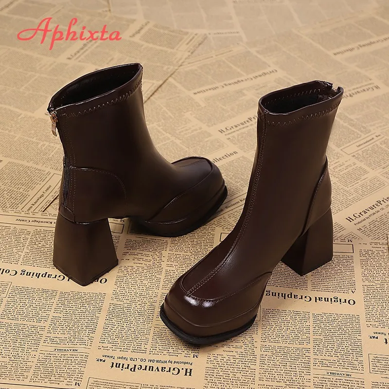 Aphixta Classic Platform Woman Ankle Boots Square Toe Back Zipper 7cm High Heels Sewing Modern Boot Autumn Winer Ladies Shoes