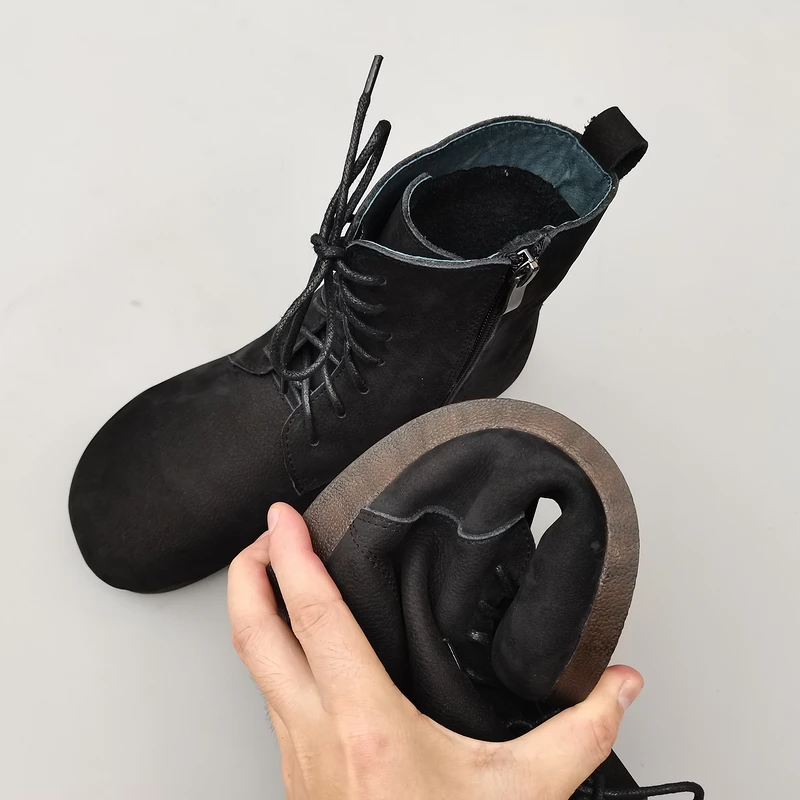 Careaymade 여성용 가죽 부츠, 부드러운 밑창 플랫 부츠, 오리지널 라운드 암소 가죽, 하이탑, 캐주얼 싱글 부츠, 100% 신상