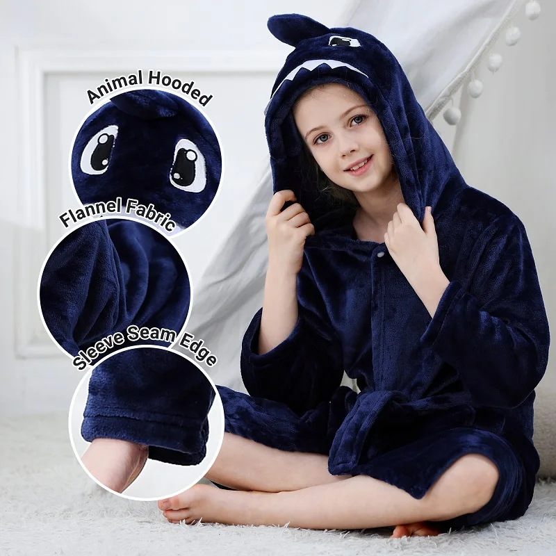 Kids Pajamas Set MICHLEY Cow Dinosaur Flannel Children Bathrobe Hooded for Girls Boy 3Y-13Y