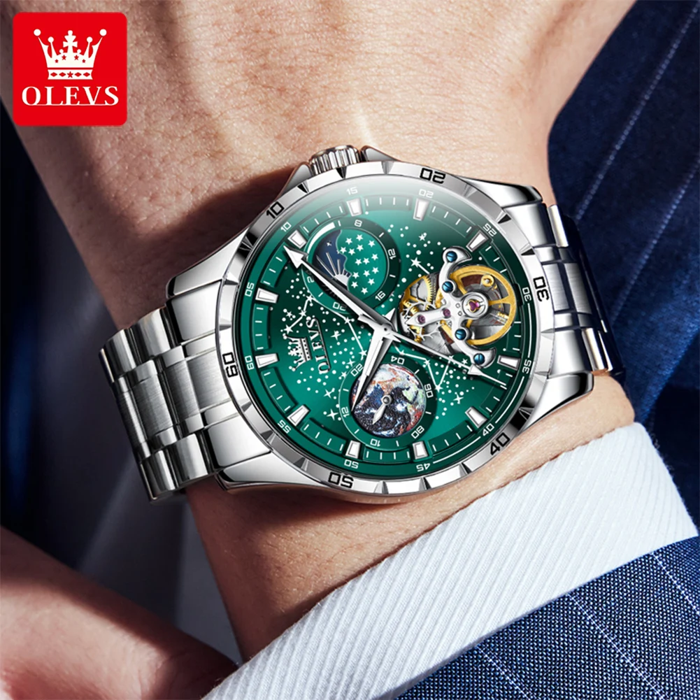 OLEVS Brand Fashion Green Dial Tourbillon Mechanical Watch for Men Stainless Steel Waterproof Starry Sky Moon Phase Watches Mens