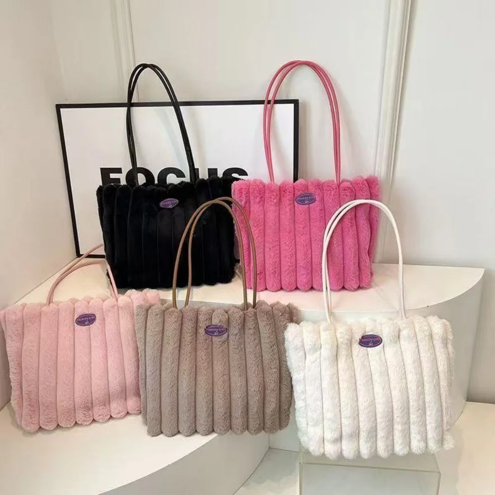 Plush Tote Bag Women's Crossbody Handbag Large Capacity Fur Single Shoulder Bag Street Style Velvet Commute Fashionable All-M...