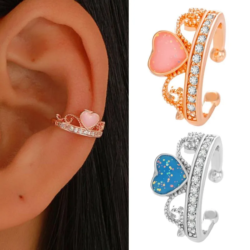 

Vintage Zircon Crown Ear Clip Earrings For Women Sweet Pink Heart Earing Without Hole Fake Earrings Single Ear Bone Clip 1Z6C1