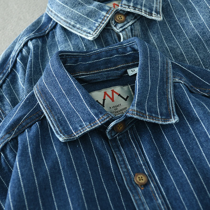 Denim Shirt Long Sleeved Shirt Classic retro striped denim shirt for men long sleeves washed loose blue trend plus size men's shirt tide