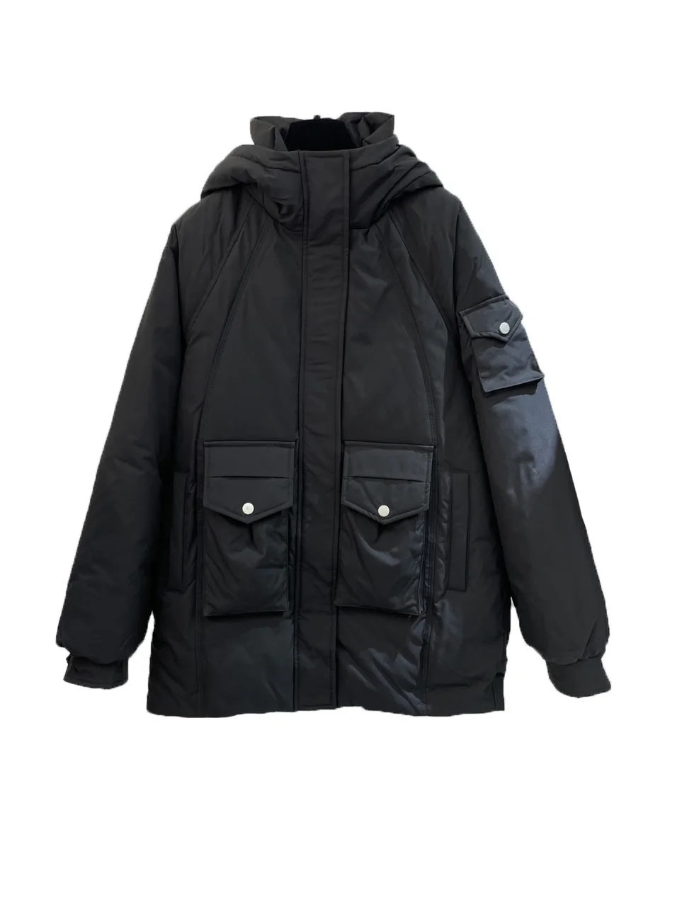

Down jacket hooded medium-length loose fit solid colour multi-pocket design warm and comfortable 2024 winter new 0106
