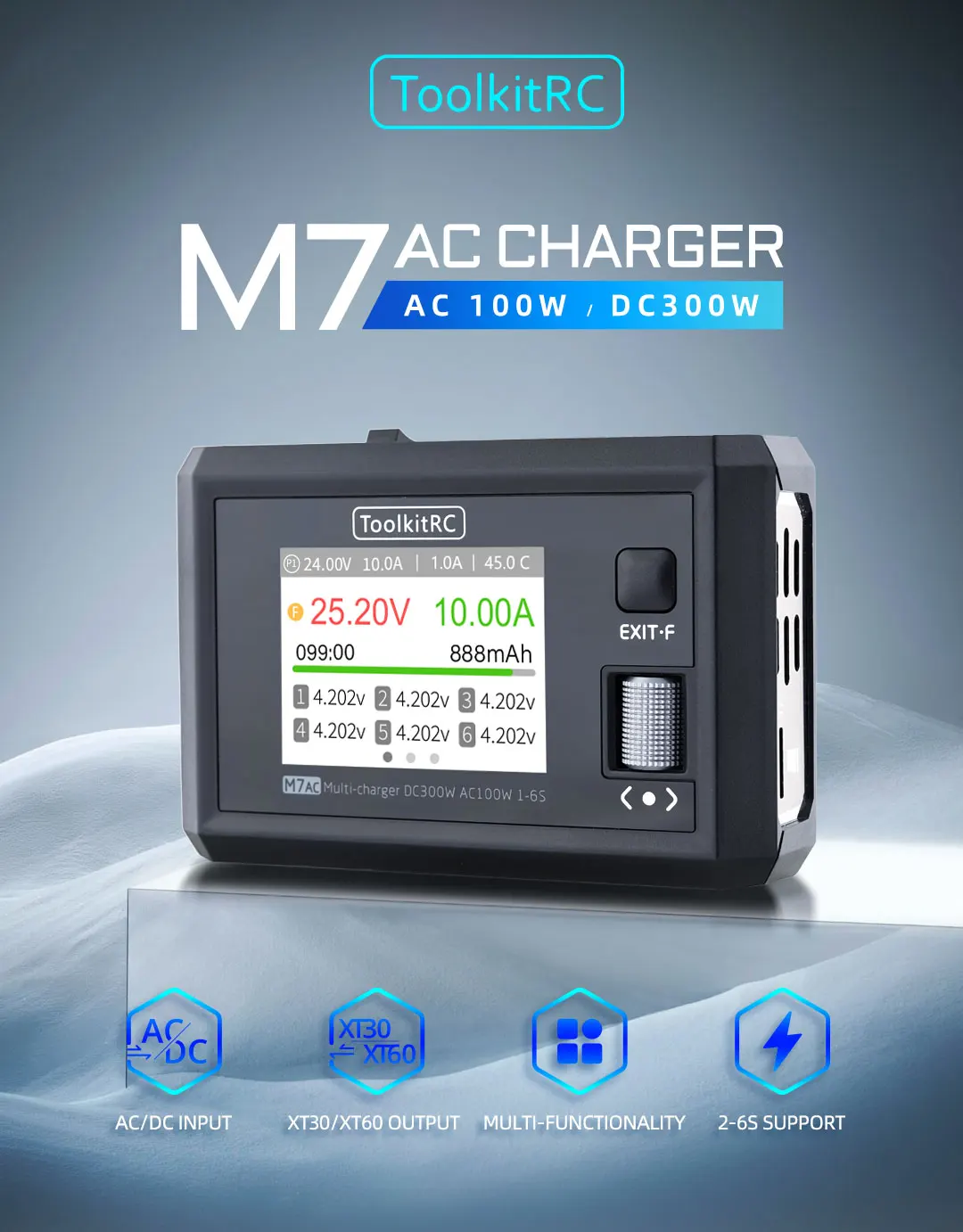 

ToolkitRC M7AC 100W AC / 300W DC Input XT60 XT30 Output Multifunction Suppot Dual Smart Charger Signal Tester Drone Charge